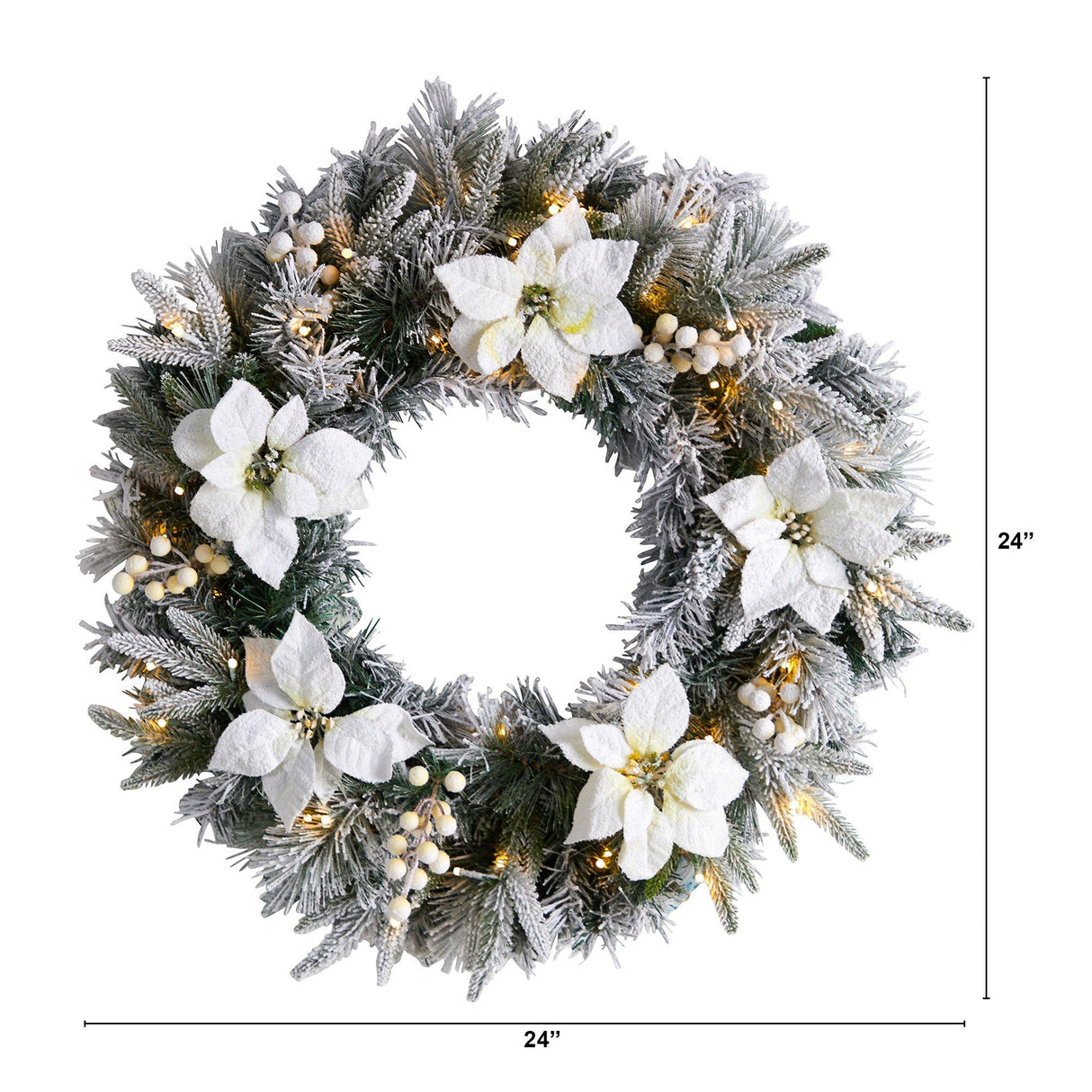 24” Flocked Poinsettia and Pine Artificial Christmas Wreath with 50 Warm White LED Lights-Wreath-Parc Decor