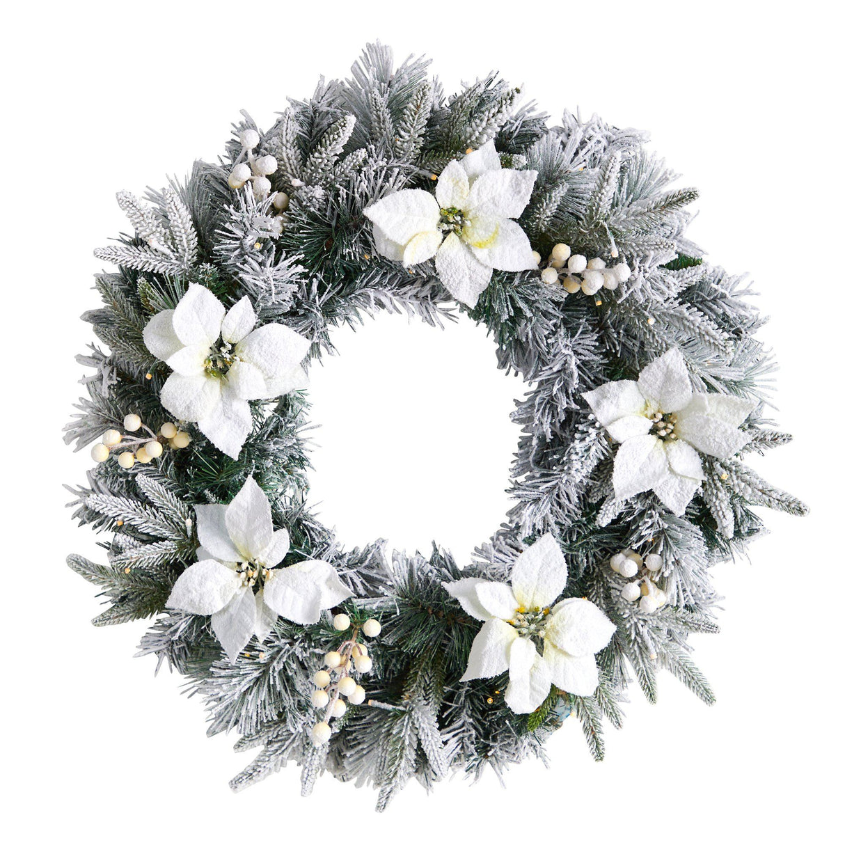 24” Flocked Poinsettia and Pine Artificial Christmas Wreath with 50 Warm White LED Lights-Wreath-Parc Decor