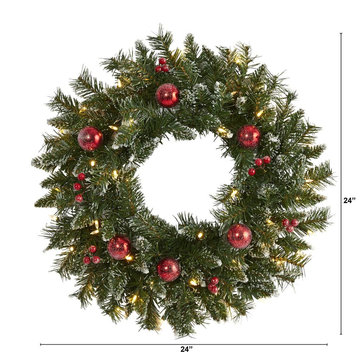 24” Frosted Artificial Christmas Wreath with 50 Warm White LED Lights, Ornaments and Berries-Wreath-Parc Decor