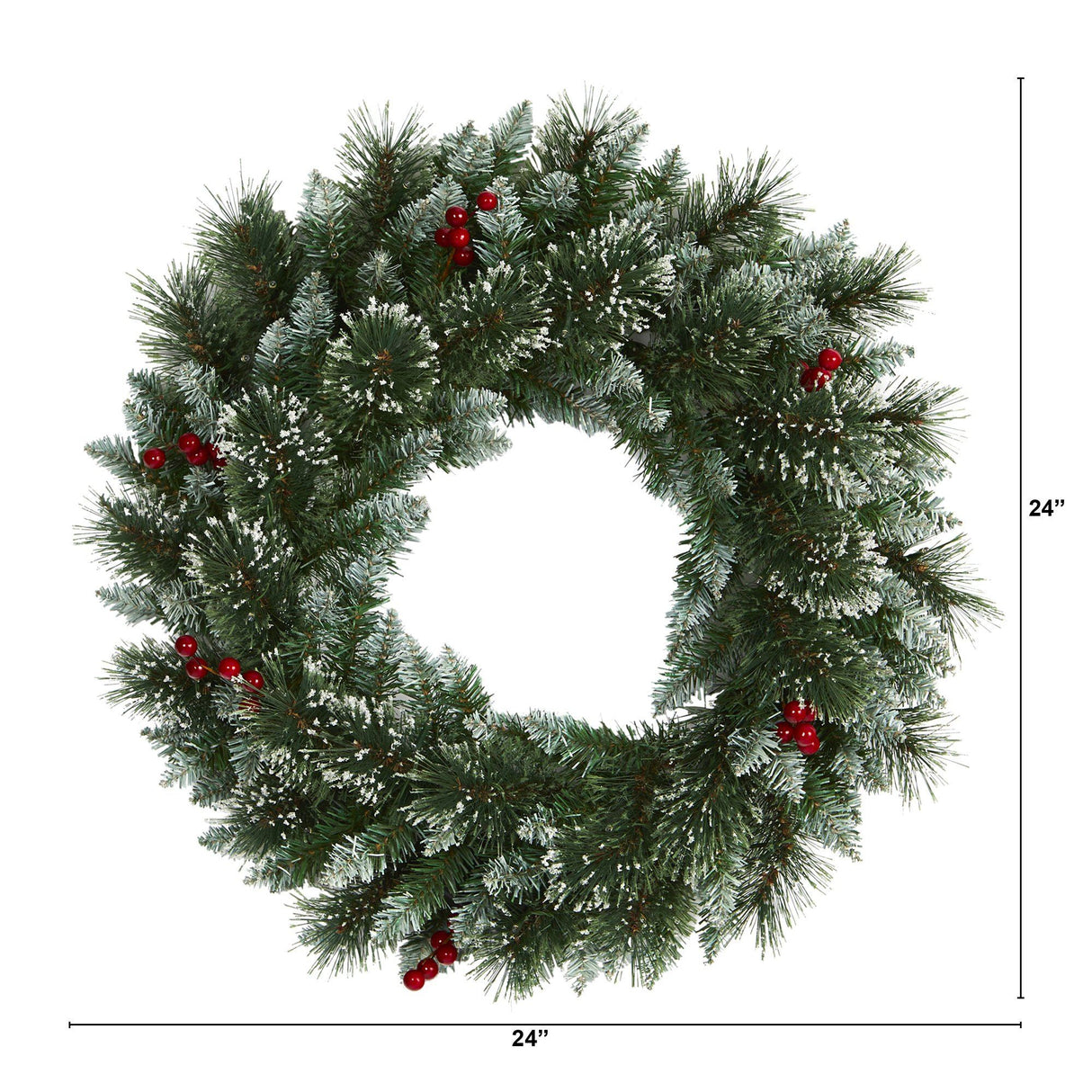 24” Frosted Swiss Pine Artificial Wreath with 35 Clear LED Lights and Berries-Wreath-Parc Decor