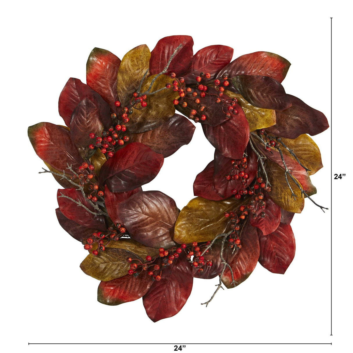 24” Harvest Magnolia Leaf and Berries Artificial Wreath-Wreath-Parc Decor