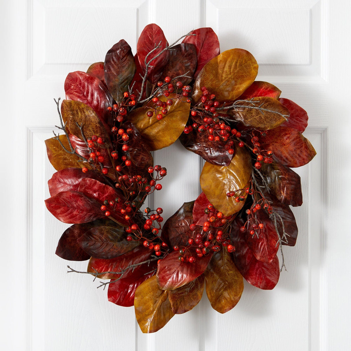 24” Harvest Magnolia Leaf and Berries Artificial Wreath-Wreath-Parc Decor