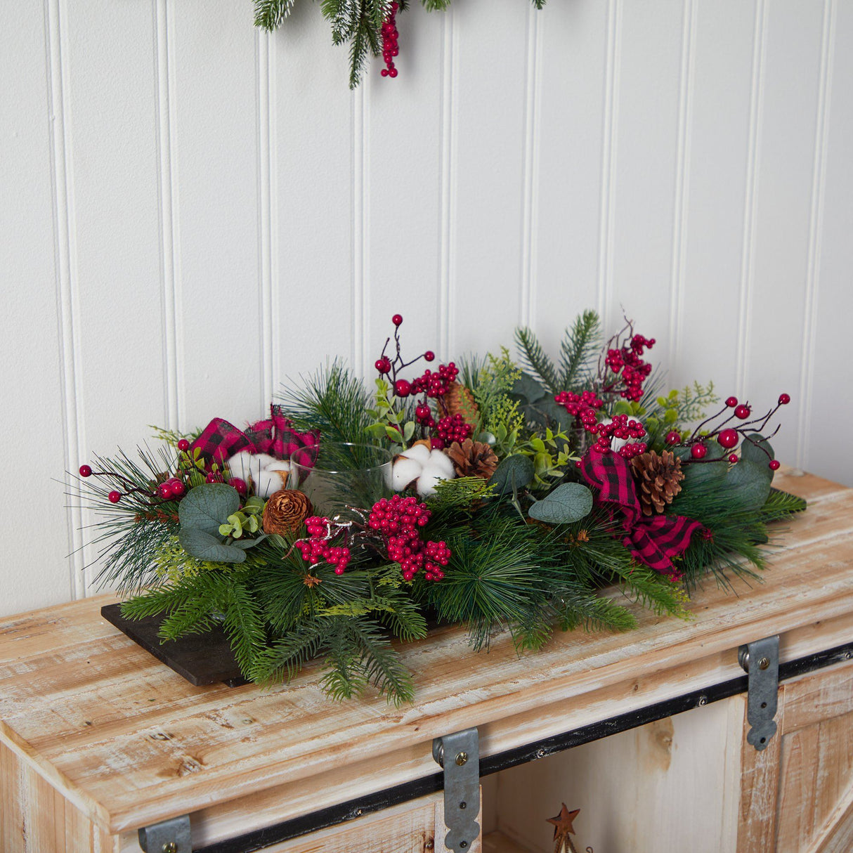 24” Holiday Berries, Pinecones and Eucalyptus Cutting Board Wall Décor or Table Arrangement-Arrangement-Parc Decor