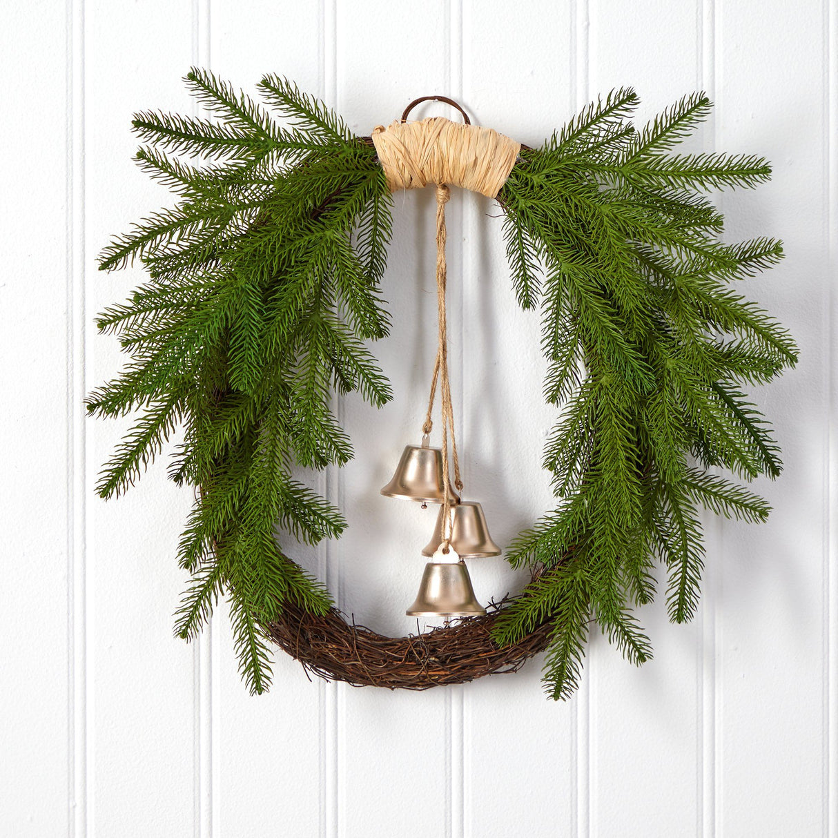 24” Holiday Christmas Pine and Bells Wreath-Wreath-Parc Decor