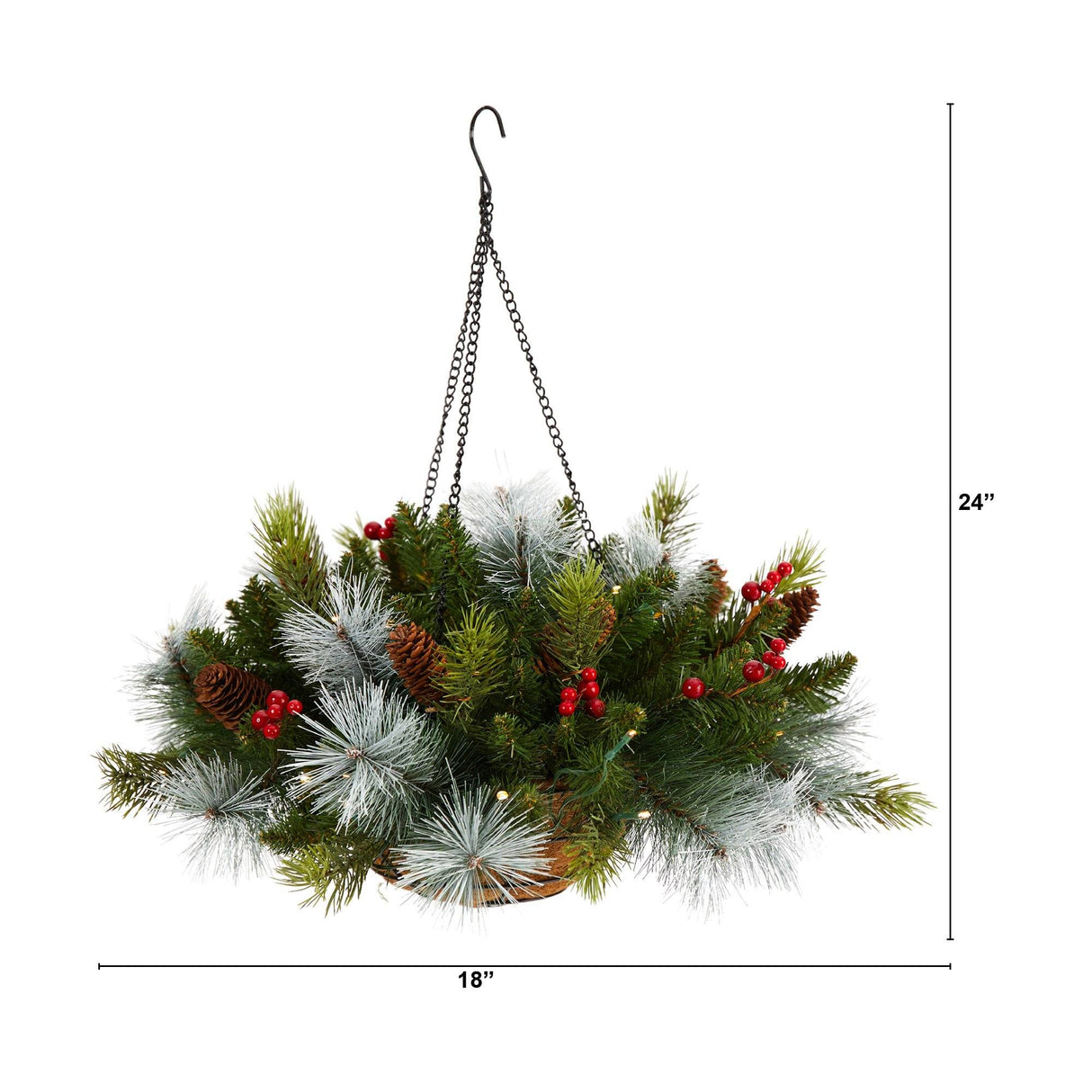 24" Holiday Pre-Lit (30 LED Lights) Pine and Berries Hanging Basket"-Hanging-Parc Decor
