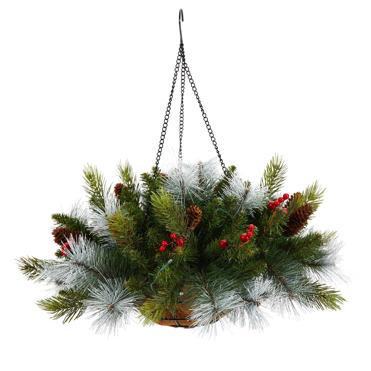 24" Holiday Pre-Lit (30 LED Lights) Pine and Berries Hanging Basket"-Hanging-Parc Decor