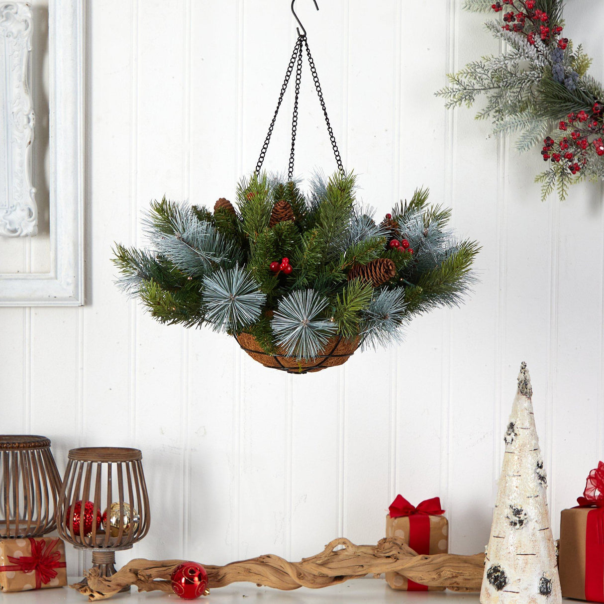 24" Holiday Pre-Lit (30 LED Lights) Pine and Berries Hanging Basket"-Hanging-Parc Decor