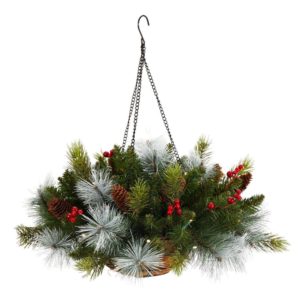 24" Holiday Pre-Lit (30 LED Lights) Pine and Berries Hanging Basket"-Hanging-Parc Decor