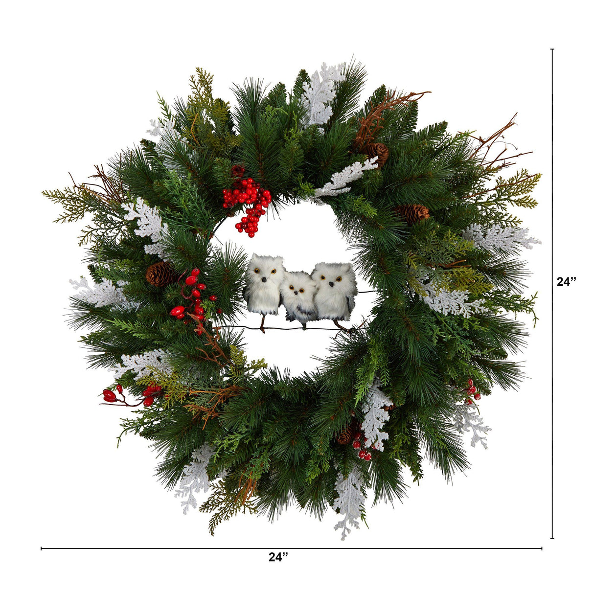 24” Holiday Winter Owl Family Pinecone Berry Christmas Artificial Wreath-Wreath-Parc Decor