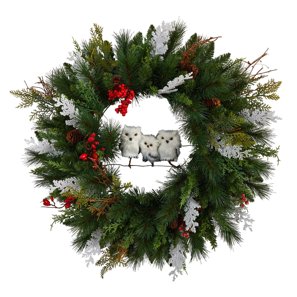 24” Holiday Winter Owl Family Pinecone Berry Christmas Artificial Wreath-Wreath-Parc Decor