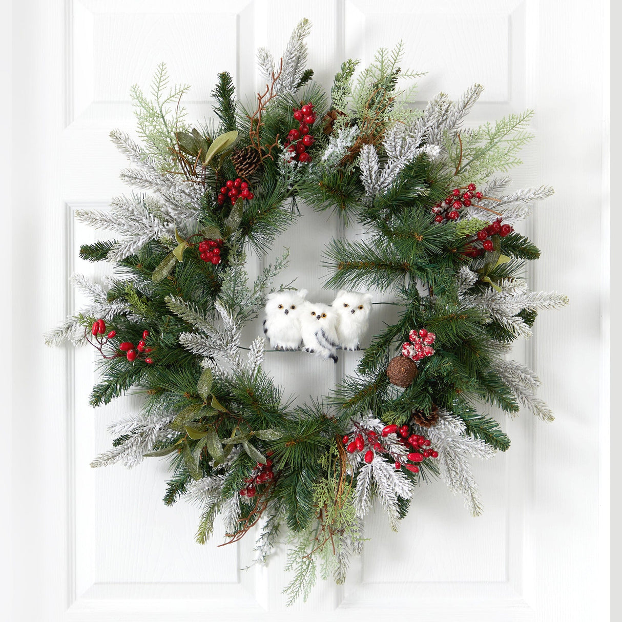 24” Holiday Winter Owl Family Pinecone Berry Christmas Artificial Wreath-Wreath-Parc Decor