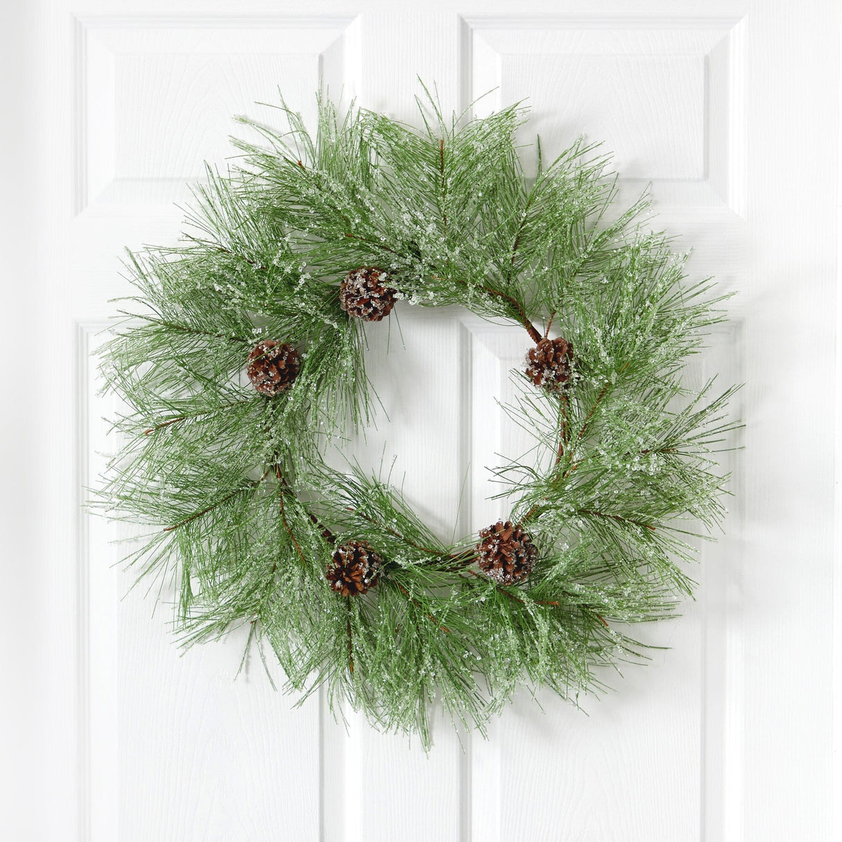 24” Iced Pine Artificial Wreath with Pine Cones-Wreath-Parc Decor