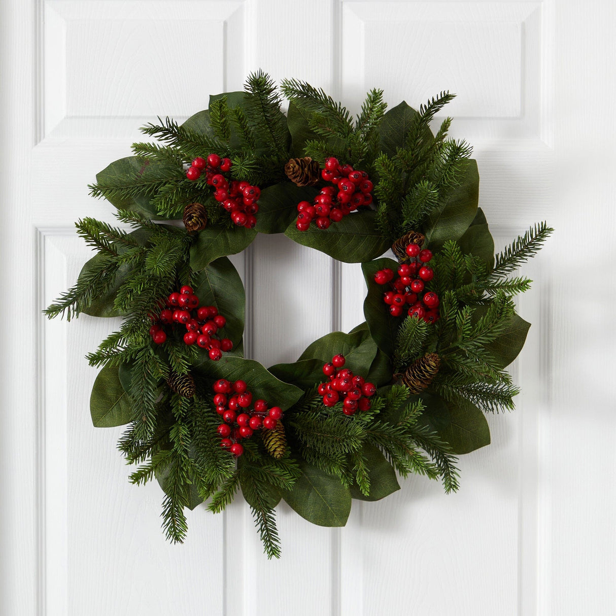 24” Magnolia Leaf, Berry and Pine Artificial Wreath-Wreath-Parc Decor
