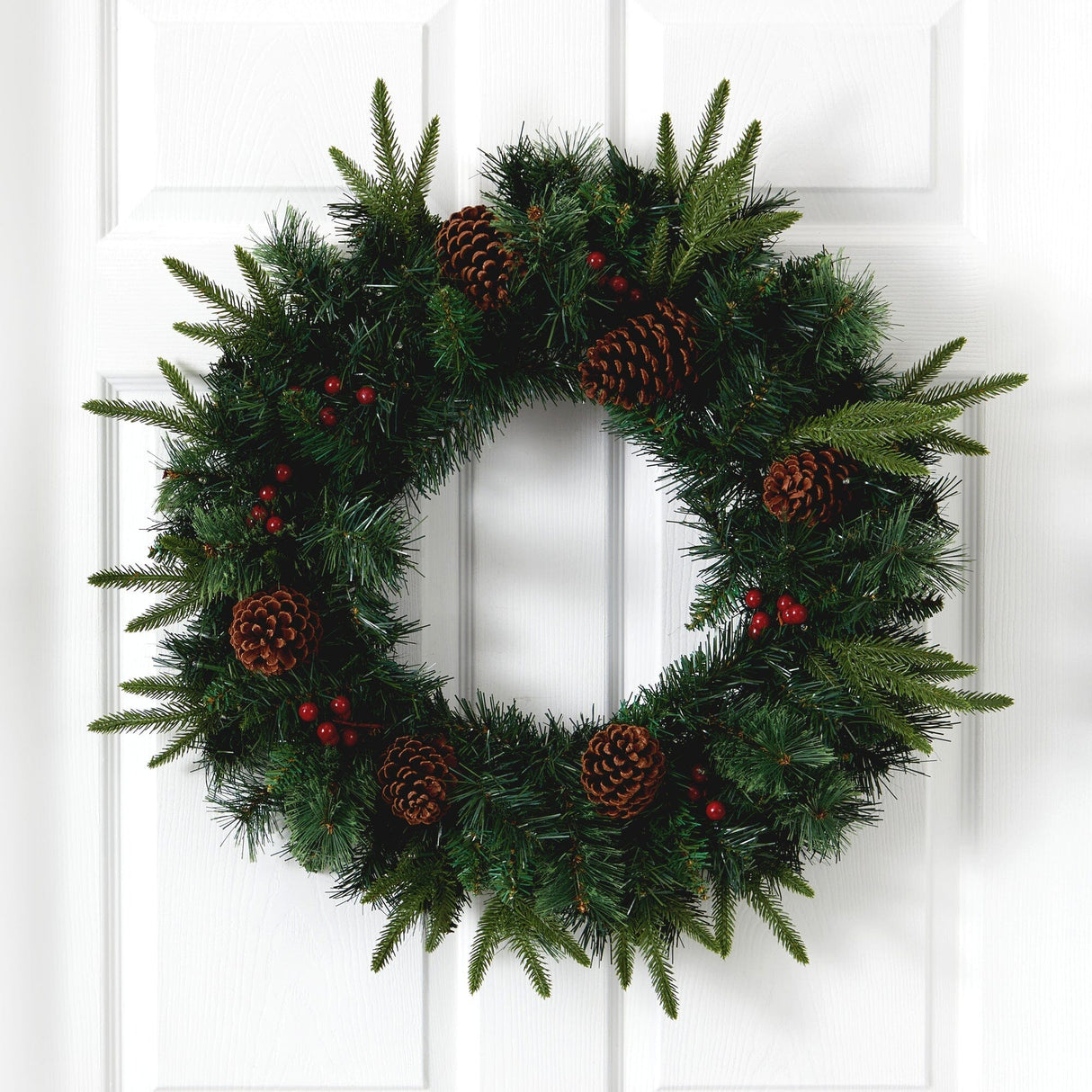 24” Mixed Pine Artificial Christmas Wreath with 35 Clear LED Lights and Berries-Wreath-Parc Decor
