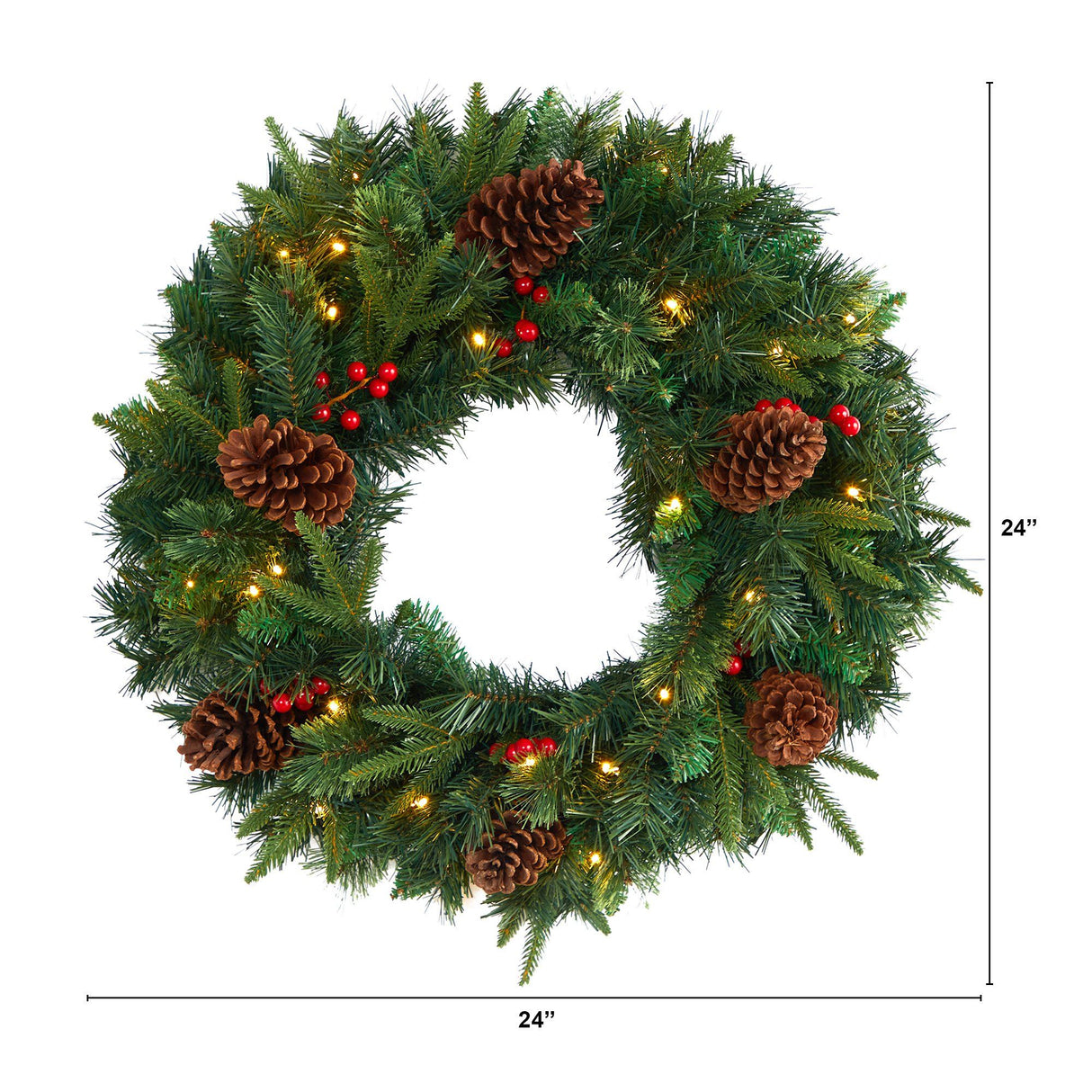 24” Mixed Pine Artificial Christmas Wreath with 35 Clear LED Lights and Berries-Wreath-Parc Decor