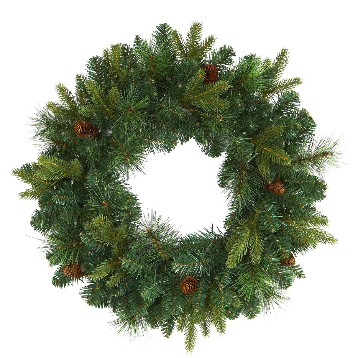 24” Mixed Pine Artificial Christmas Wreath with 35 Clear LED Lights and Pinecones-Wreath-Parc Decor