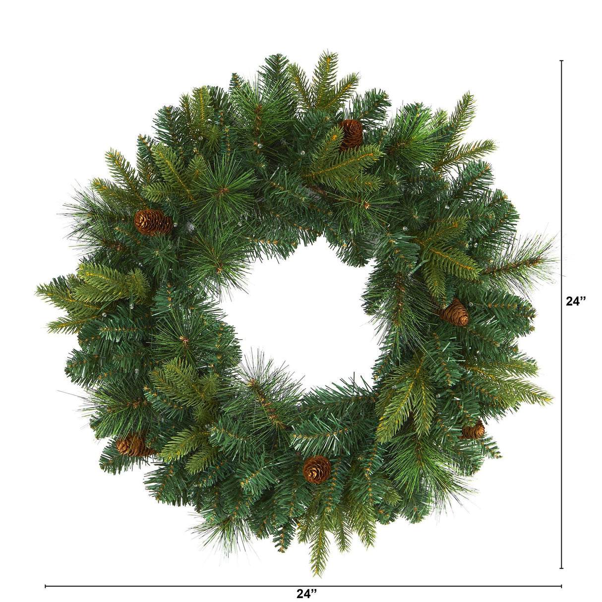 24” Mixed Pine Artificial Christmas Wreath with 35 Clear LED Lights and Pinecones-Wreath-Parc Decor