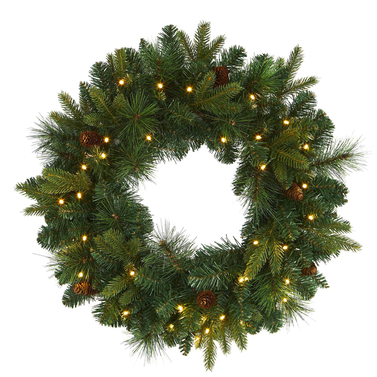 24” Mixed Pine Artificial Christmas Wreath with 35 Clear LED Lights and Pinecones-Wreath-Parc Decor