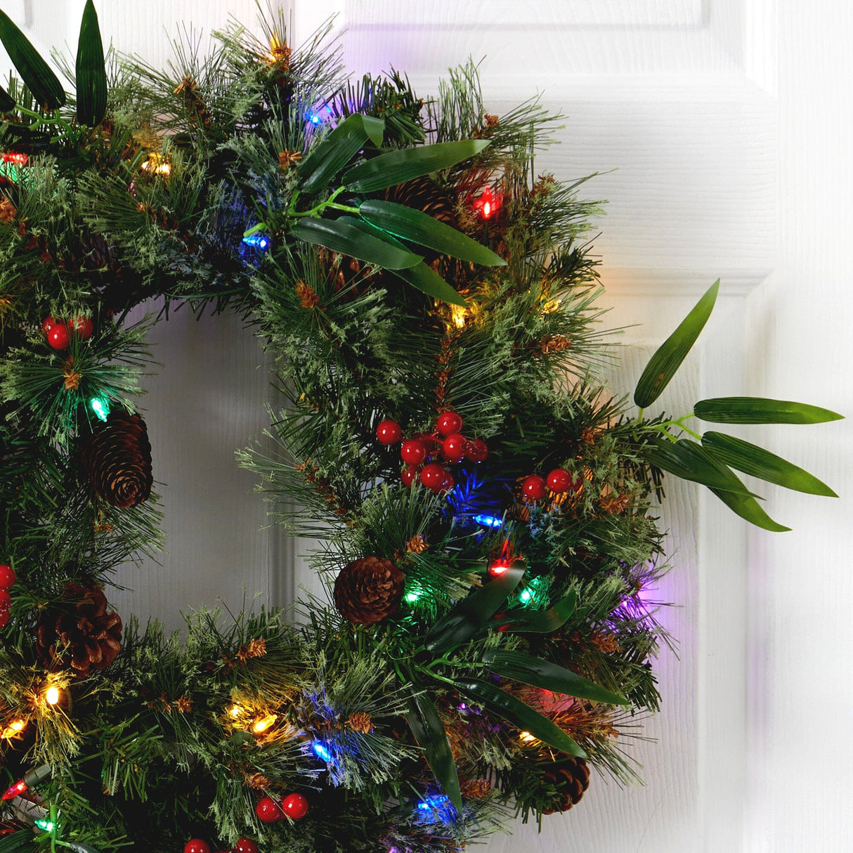 24” Mixed Pine Artificial Christmas Wreath with 50 Multicolored LED Lights, Berries and Pine Cones-Wreath-Parc Decor