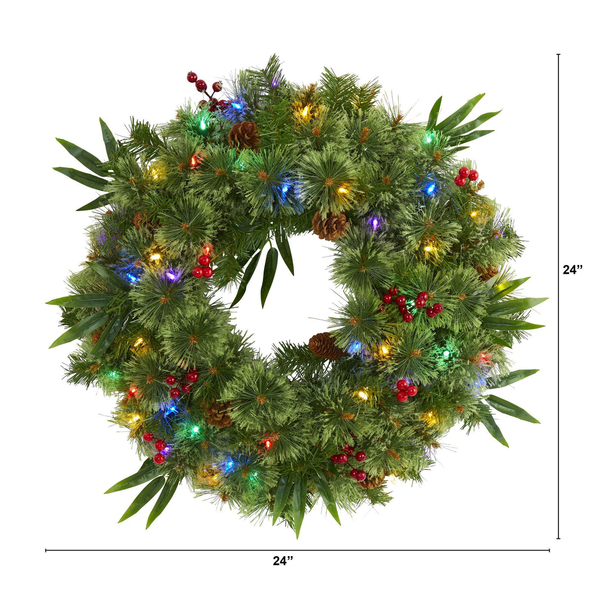 24” Mixed Pine Artificial Christmas Wreath with 50 Multicolored LED Lights, Berries and Pine Cones-Wreath-Parc Decor