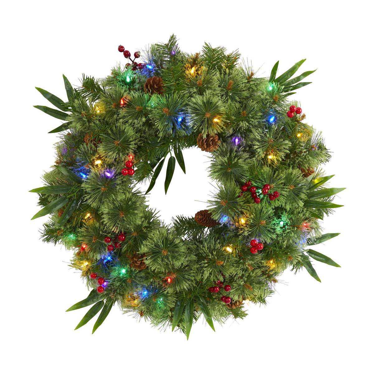 24” Mixed Pine Artificial Christmas Wreath with 50 Multicolored LED Lights, Berries and Pine Cones-Wreath-Parc Decor