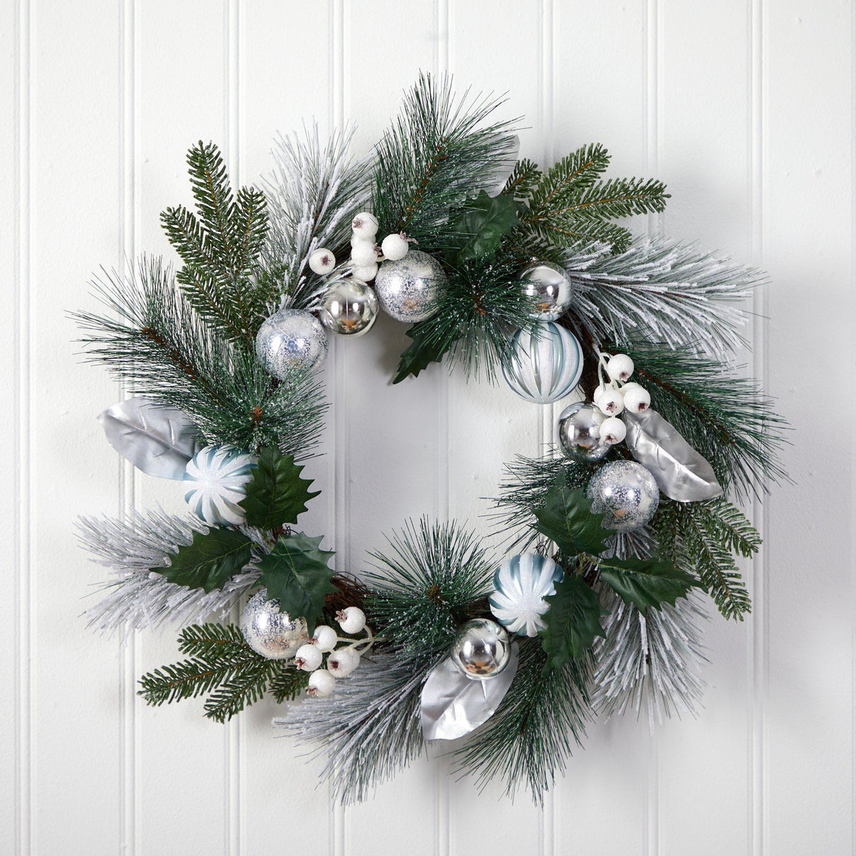 24” Pinecones and Berries Christmas Artificial Wreath with Silver Ornaments-Wreath-Parc Decor