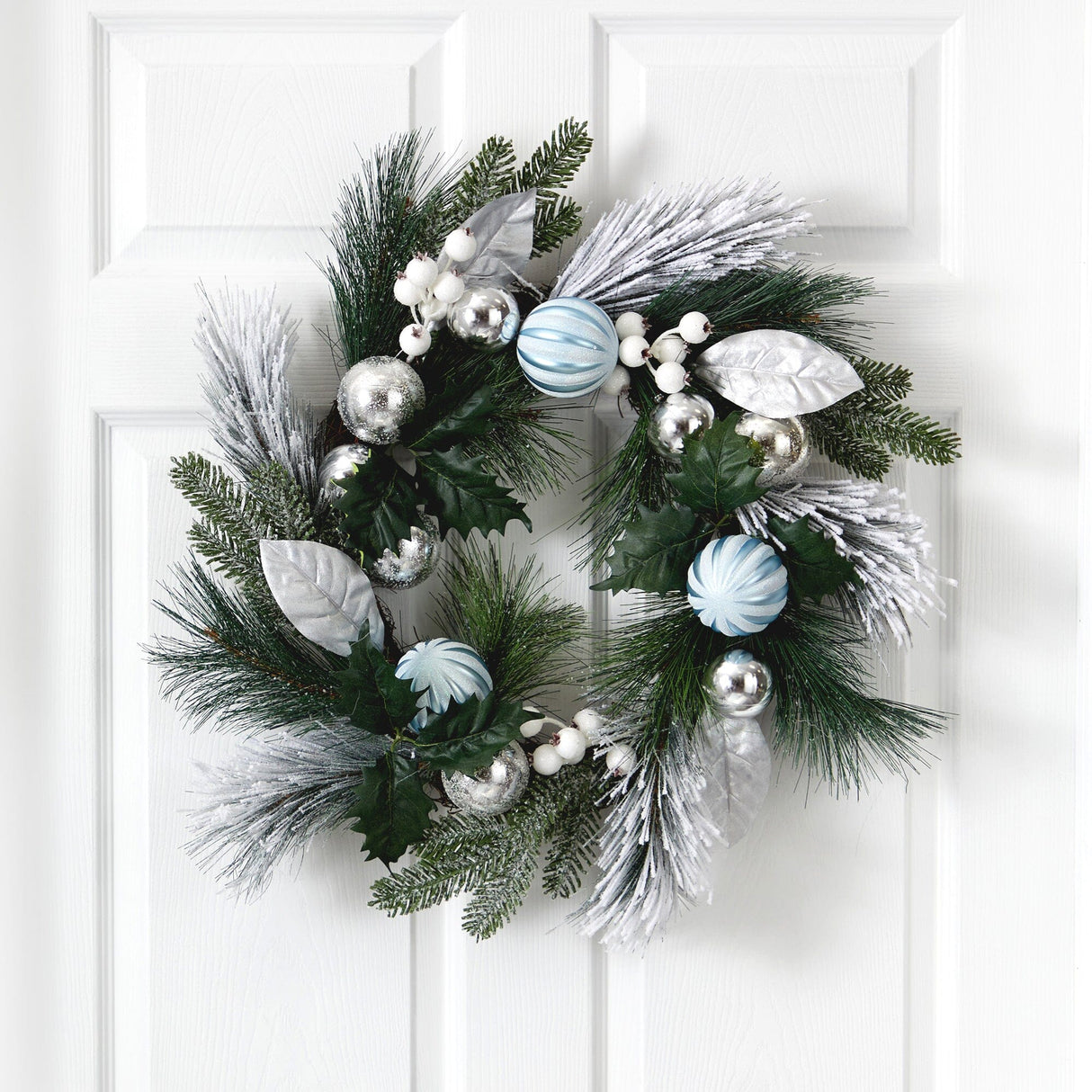 24” Pinecones and Berries Christmas Artificial Wreath with Silver Ornaments-Wreath-Parc Decor