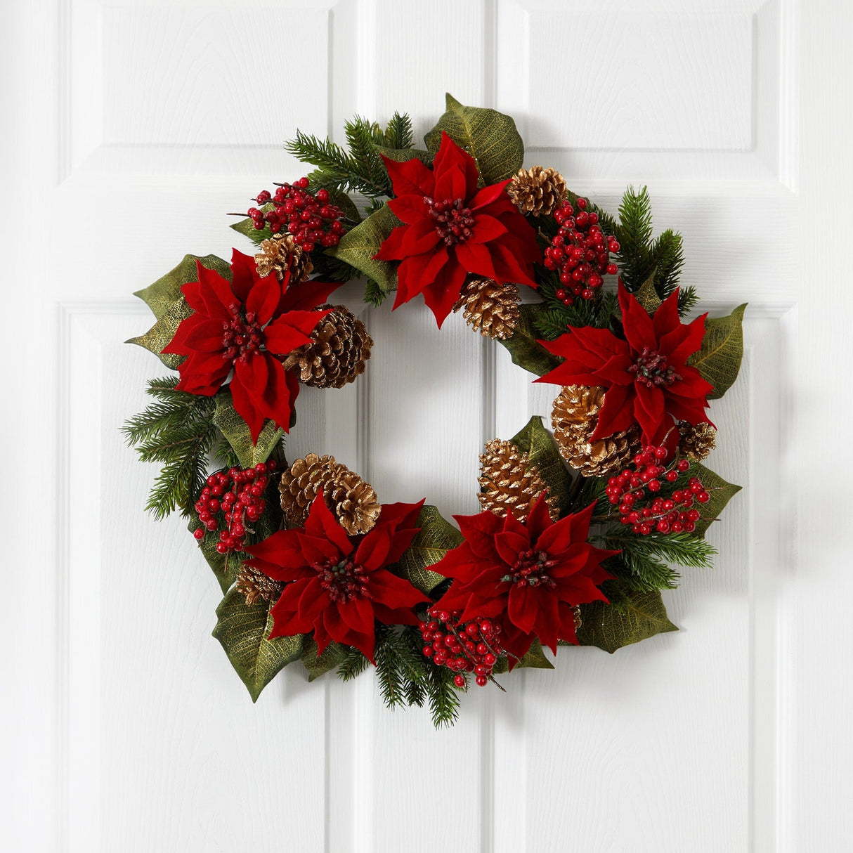 24” Poinsettia, Berry and Golden Pine Cone Artificial Wreath-Wreath-Parc Decor