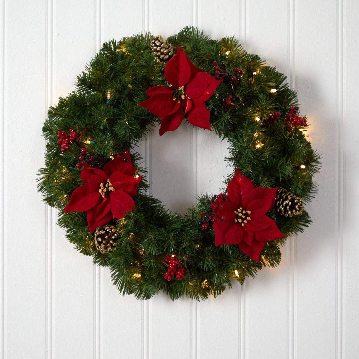 24” Poinsettia, Berry and Pinecone Artificial Wreath with 50 Warm White LED Lights-Wreath-Parc Decor