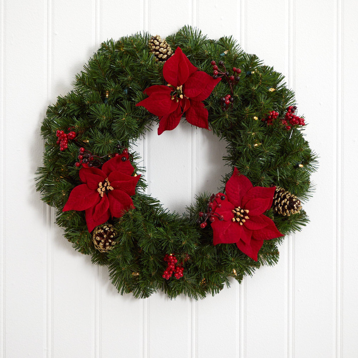 24” Poinsettia, Berry and Pinecone Artificial Wreath with 50 Warm White LED Lights-Wreath-Parc Decor