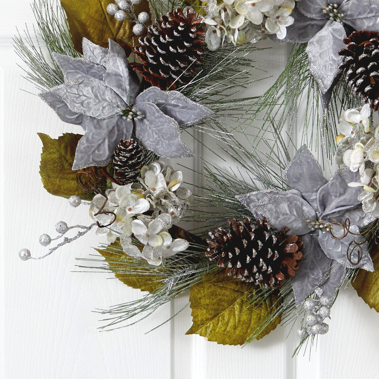 24” Silver Poinsettia, Hydrangea and Pinecones Artificial Christmas Wreath-Wreath-Parc Decor