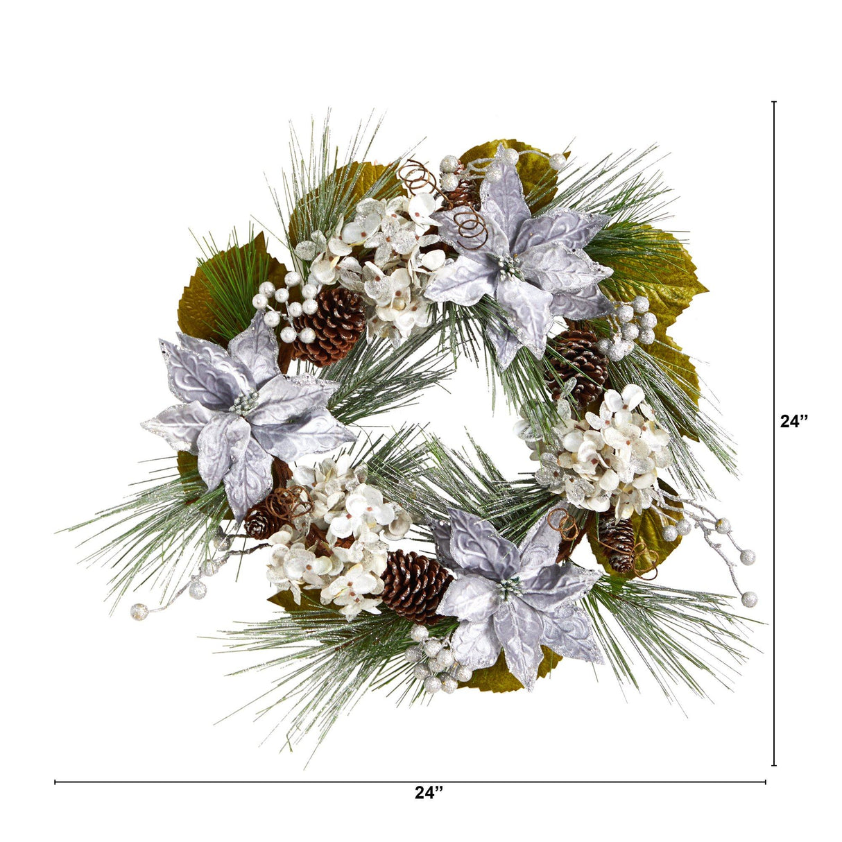 24” Silver Poinsettia, Hydrangea and Pinecones Artificial Christmas Wreath-Wreath-Parc Decor