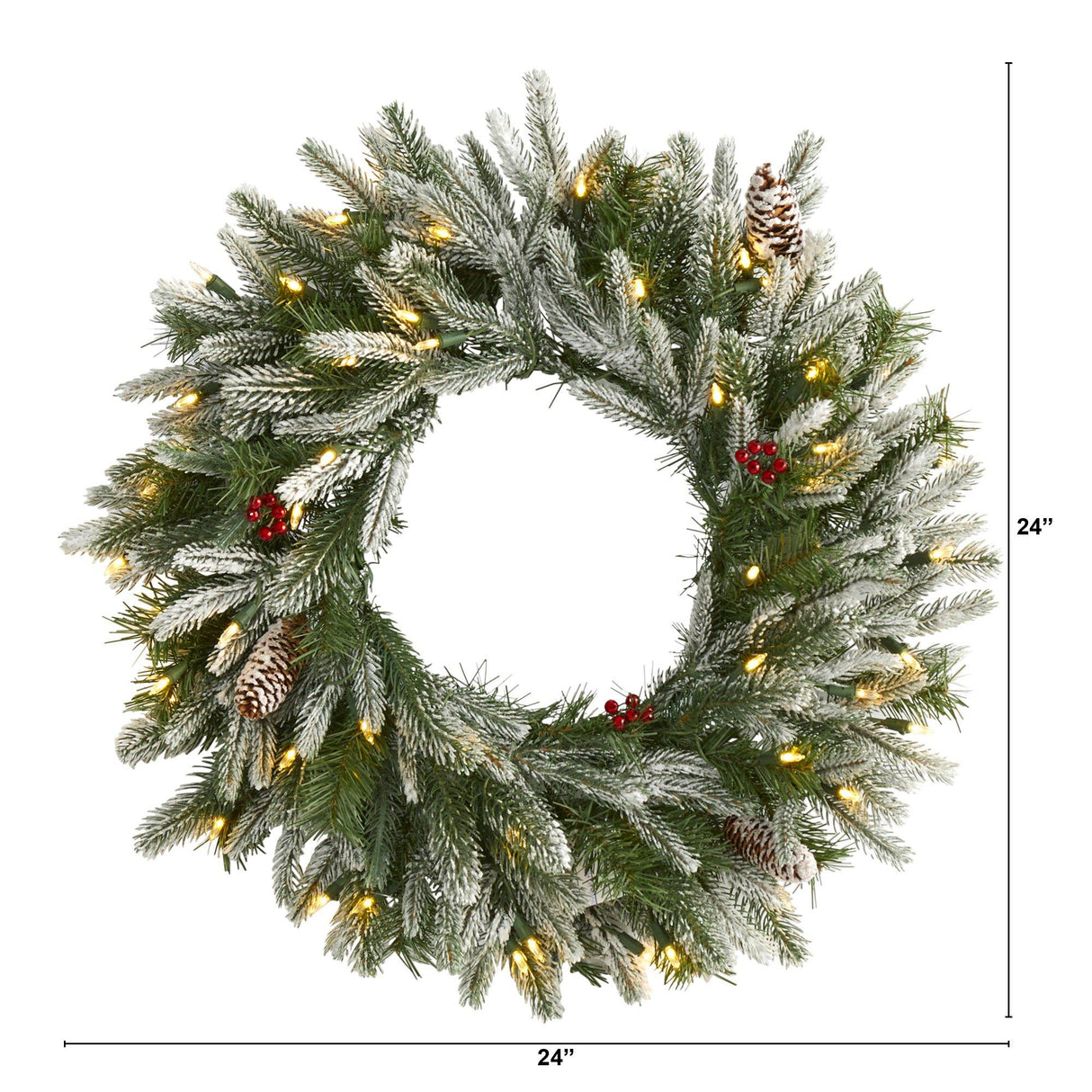 24” Snowed Artificial Christmas Wreath with 50 Warm White LED Lights and Pine Cones-Wreath-Parc Decor