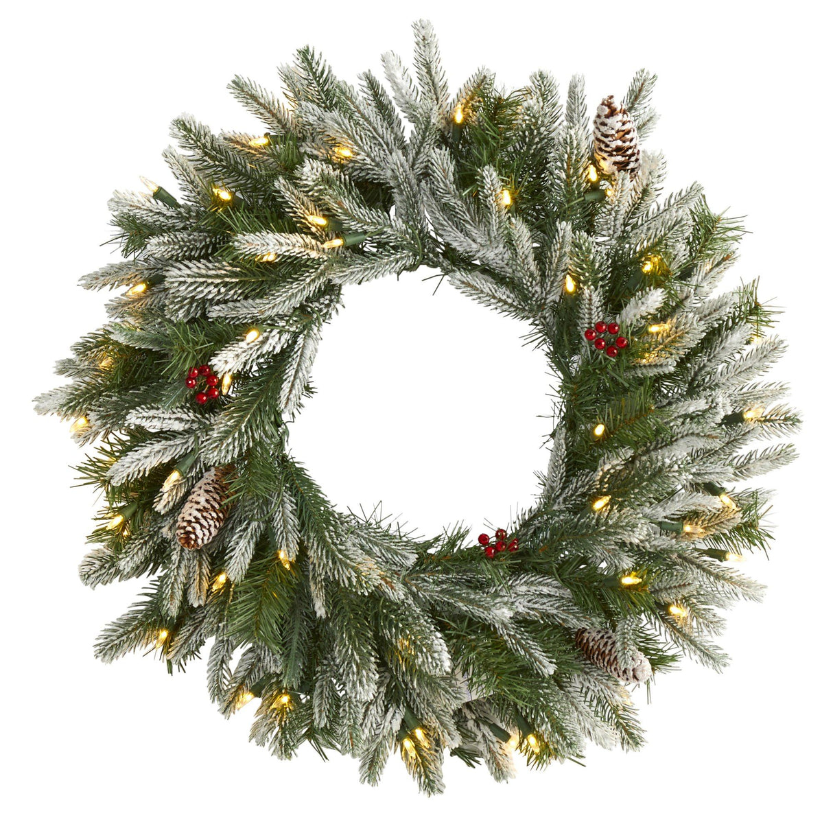 24” Snowed Artificial Christmas Wreath with 50 Warm White LED Lights and Pine Cones-Wreath-Parc Decor