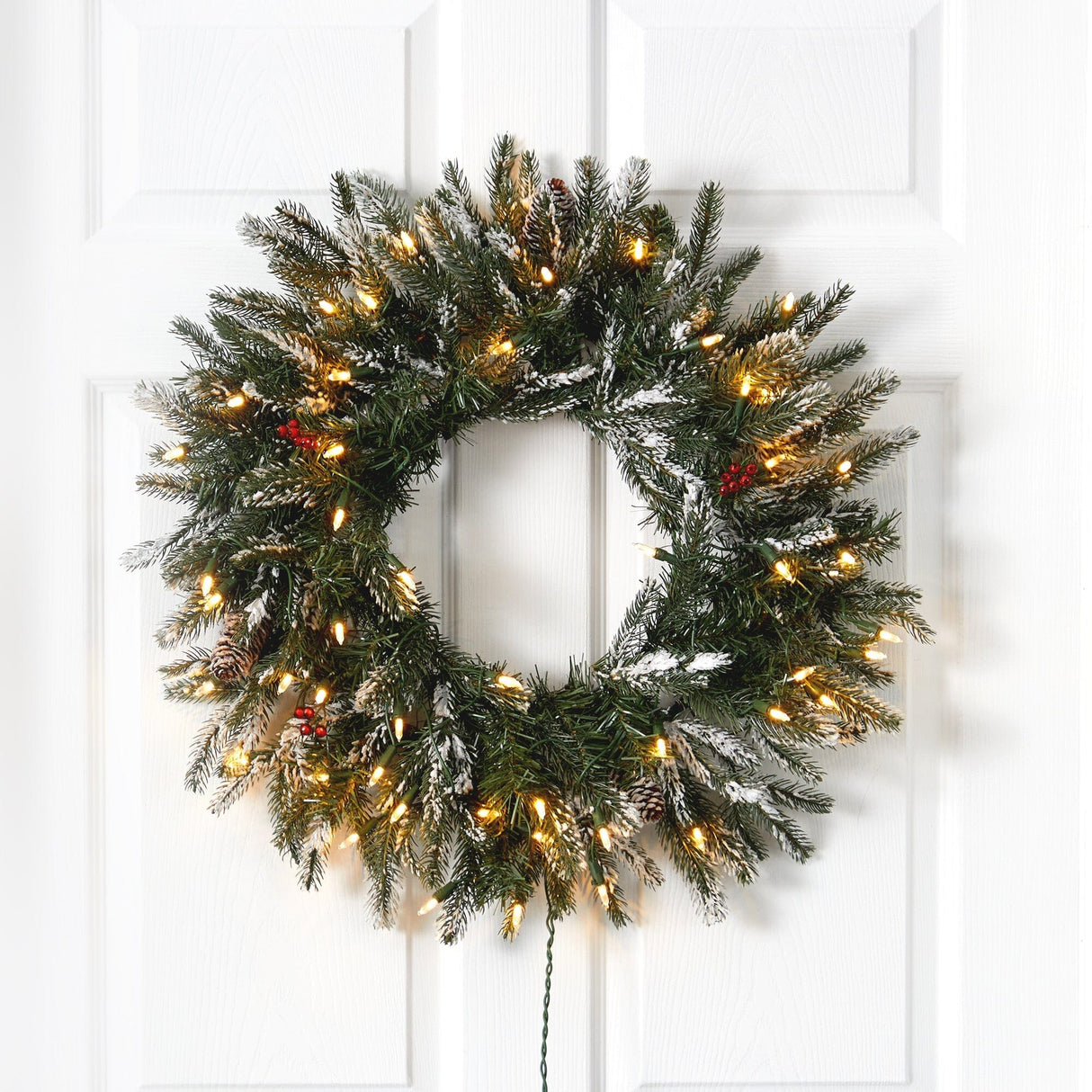 24” Snowed Artificial Christmas Wreath with 50 Warm White LED Lights and Pine Cones-Wreath-Parc Decor