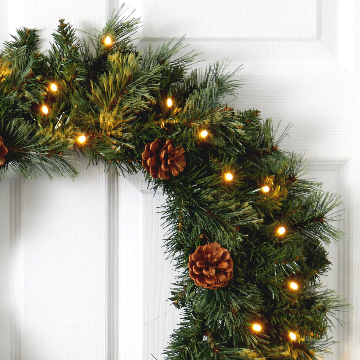 24” White Mountain Pine Artificial Christmas Wreath with 35 LED Lights and Pinecones-Wreath-Parc Decor