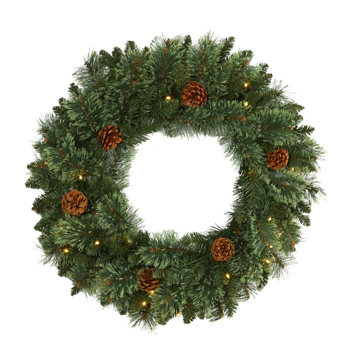 24” White Mountain Pine Artificial Christmas Wreath with 35 LED Lights and Pinecones-Wreath-Parc Decor
