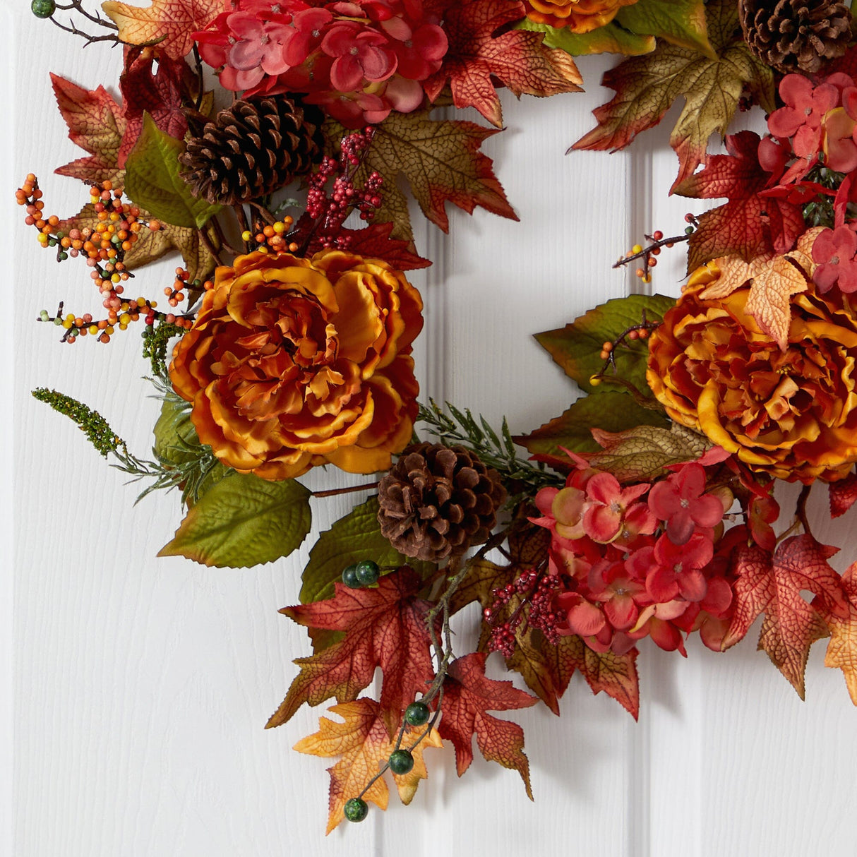 25” Fall Ranunculus, Hydrangea and Berries Autumn Artificial Wreath-Wreath-Parc Decor