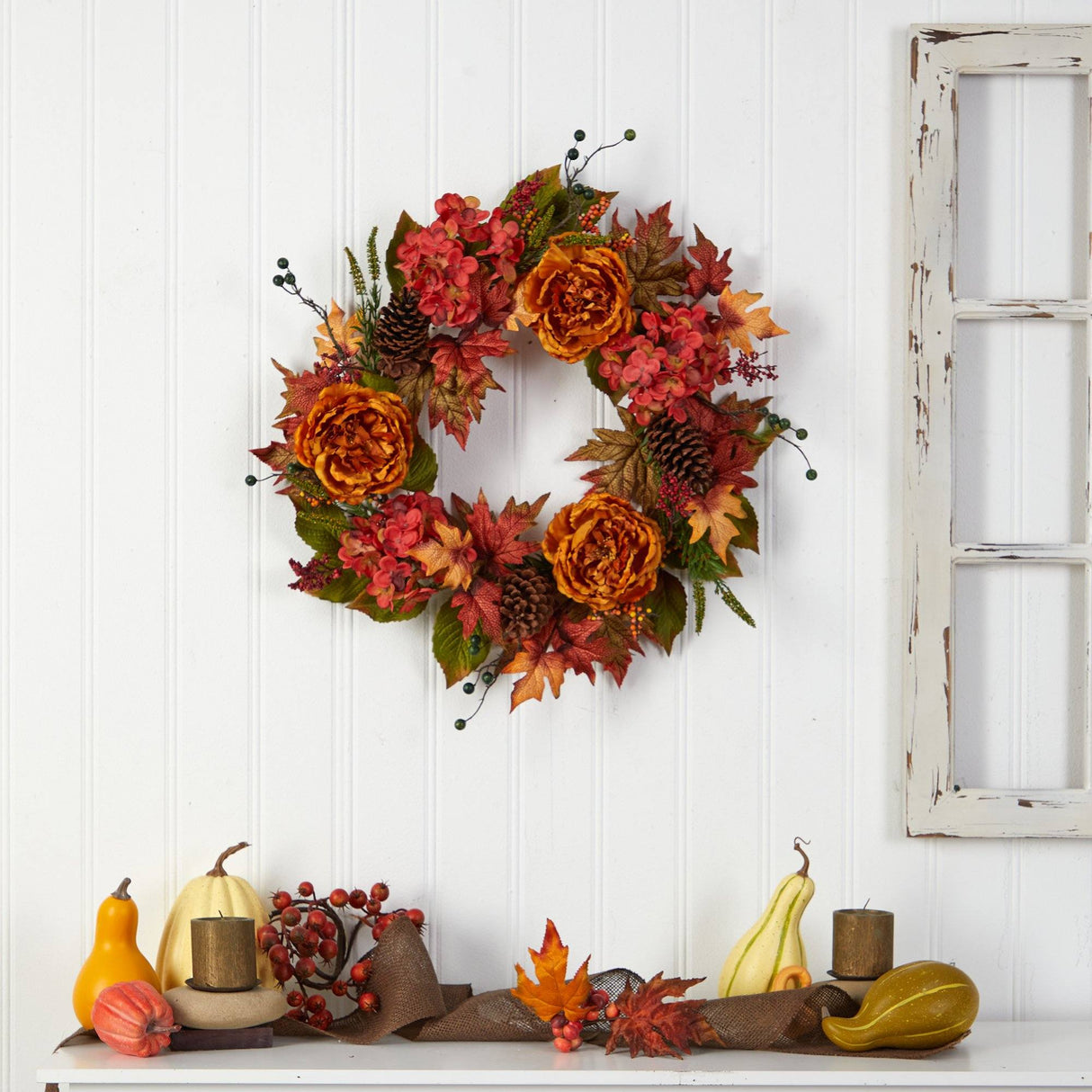 25” Fall Ranunculus, Hydrangea and Berries Autumn Artificial Wreath-Wreath-Parc Decor