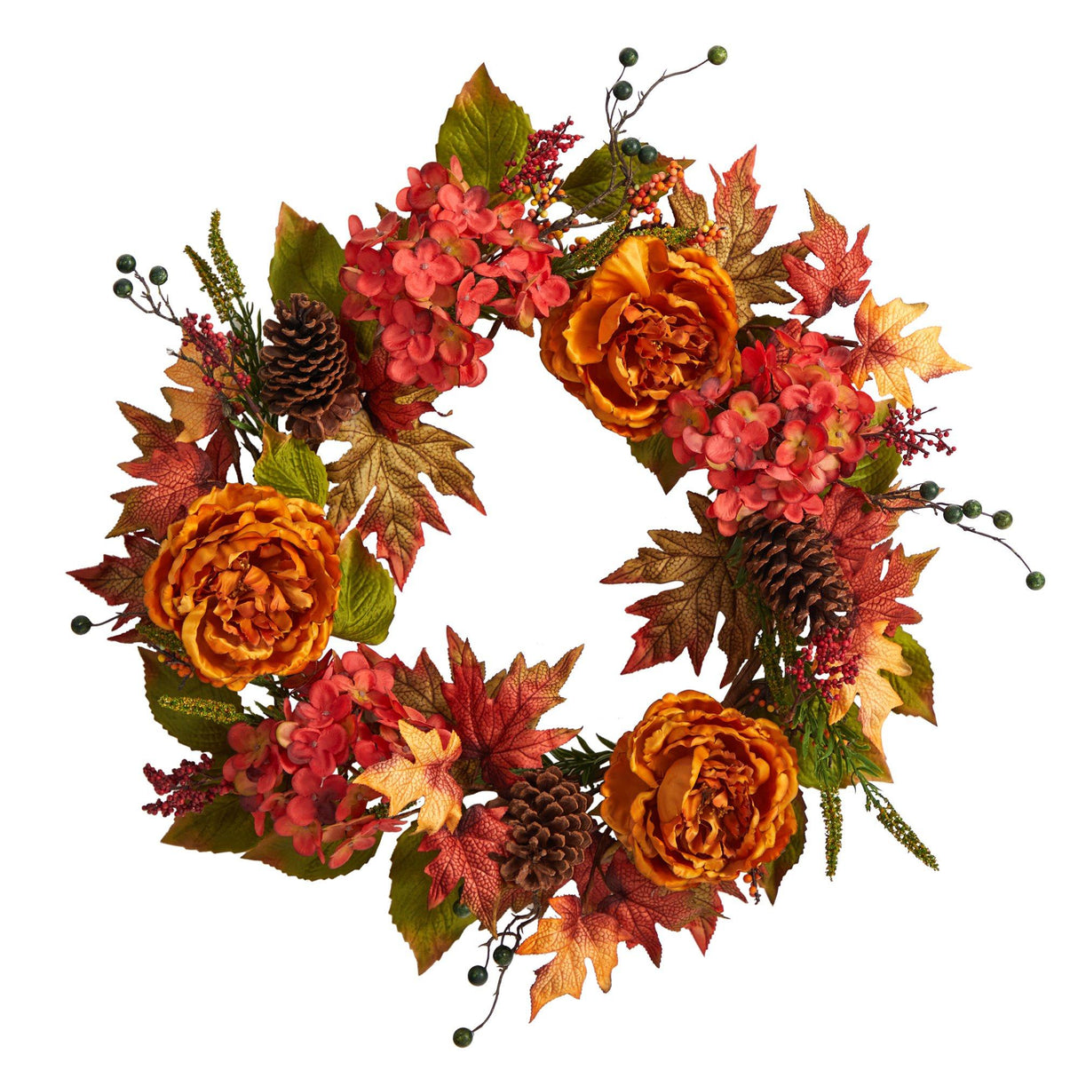 25” Fall Ranunculus, Hydrangea and Berries Autumn Artificial Wreath-Wreath-Parc Decor