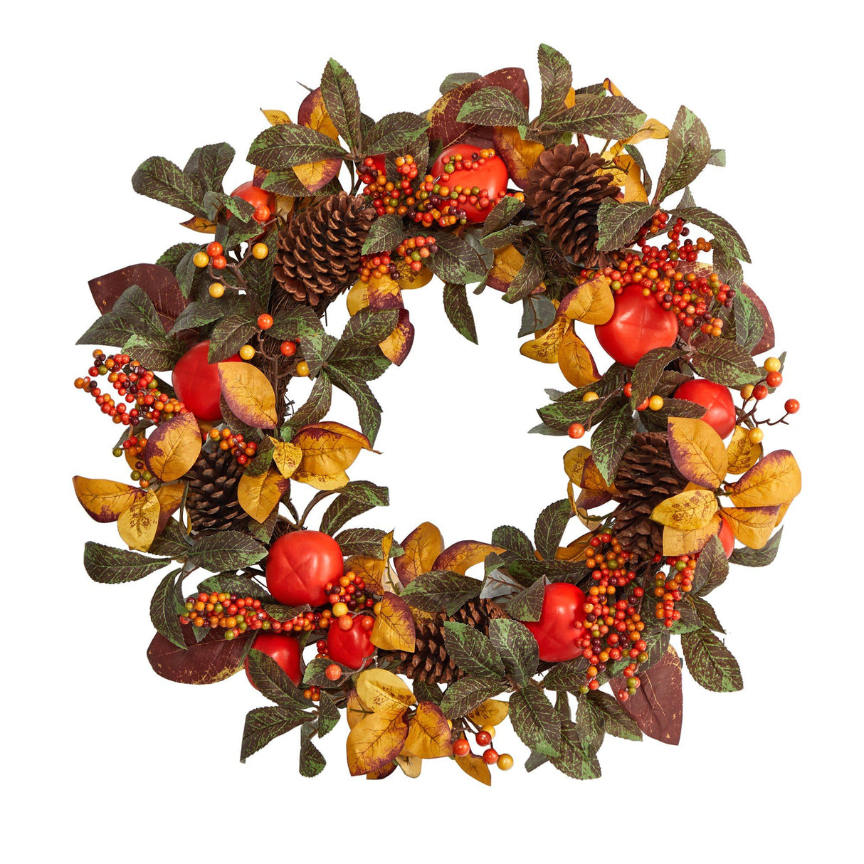 26” Autumn Persimmon and Pinecones Artificial Fall Wreath-Wreath-Parc Decor