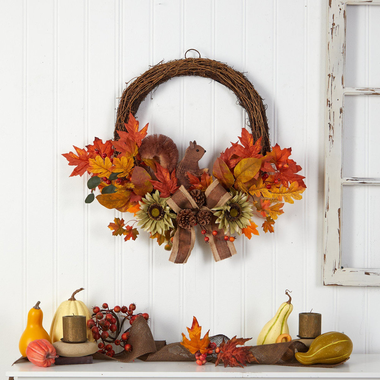 26” Fall Harvest Artificial Autumn Wreath with Twig Base and Squirrel-Wreath-Parc Decor