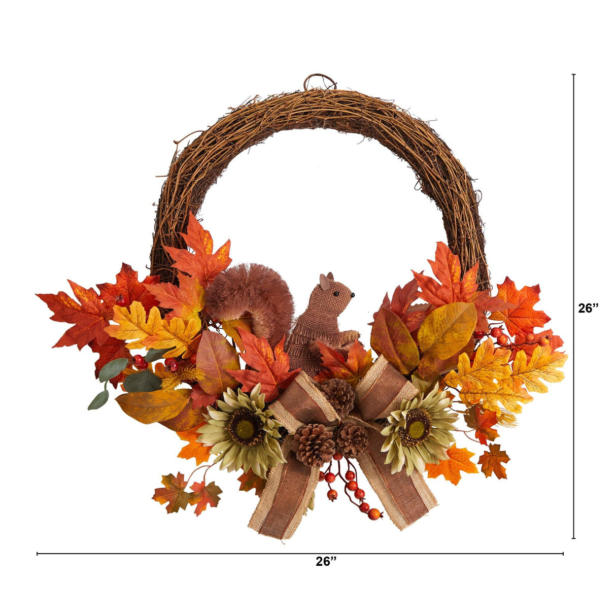 26” Fall Harvest Artificial Autumn Wreath with Twig Base and Squirrel-Wreath-Parc Decor