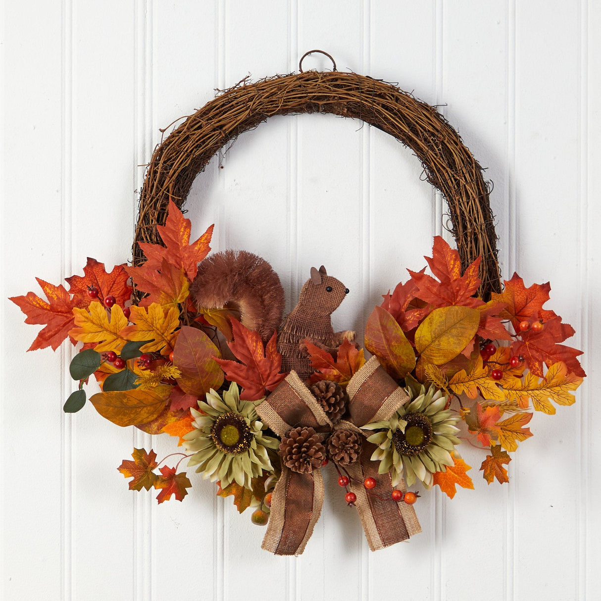 26” Fall Harvest Artificial Autumn Wreath with Twig Base and Squirrel-Wreath-Parc Decor