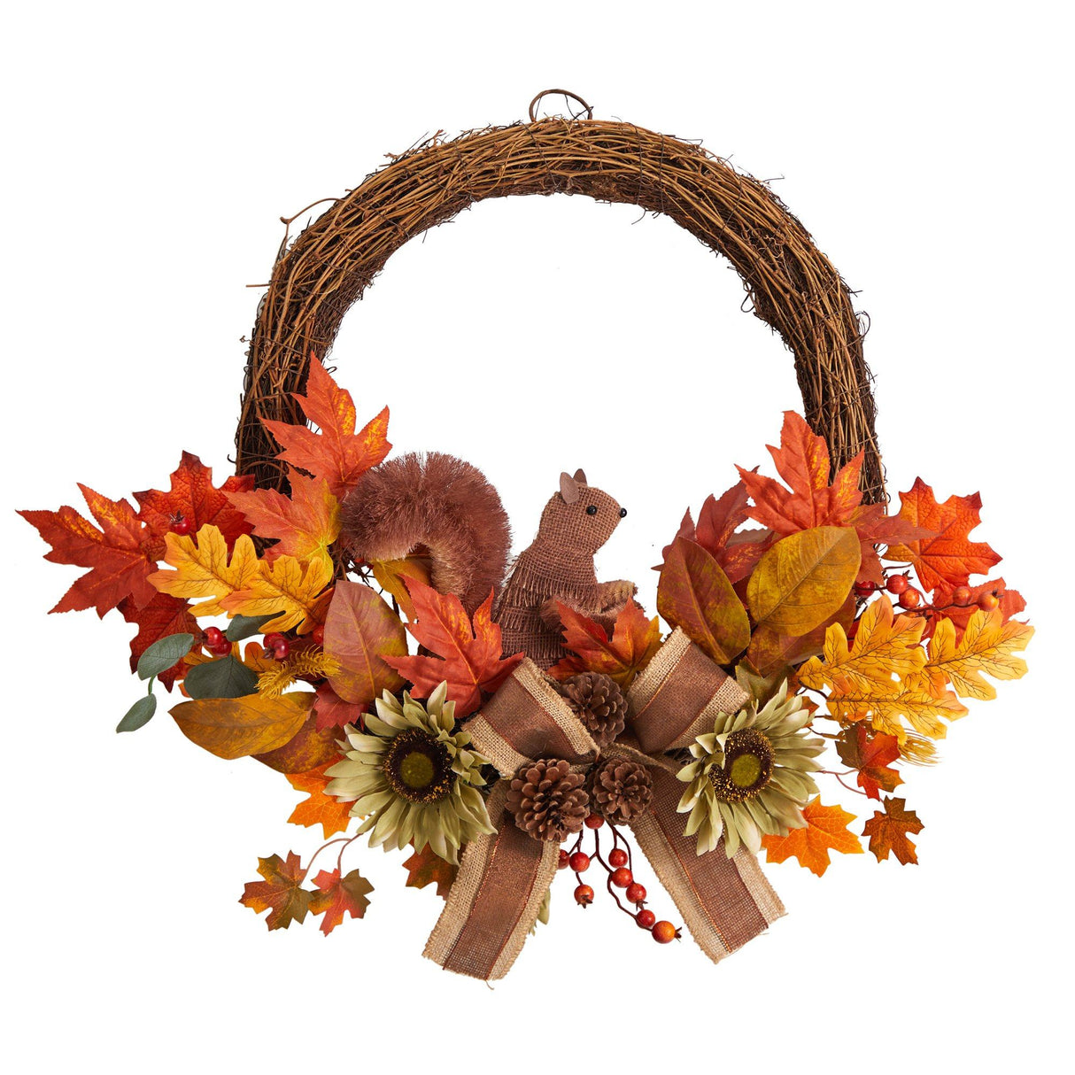 26” Fall Harvest Artificial Autumn Wreath with Twig Base and Squirrel-Wreath-Parc Decor