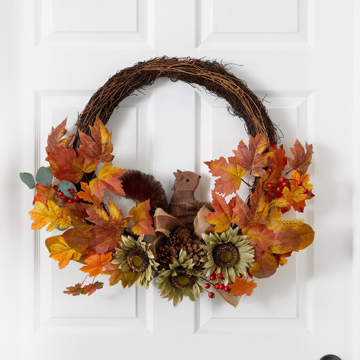 26” Fall Harvest Artificial Autumn Wreath with Twig Base and Squirrel-Wreath-Parc Decor