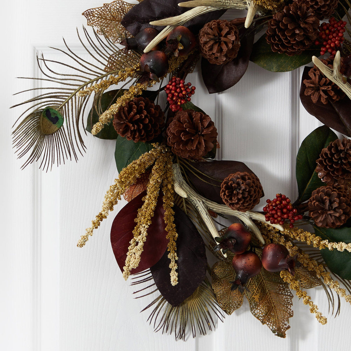 27” Magnolia Leaf, Berry, Antler and Peacock Artificial Wreath-Wreath-Parc Decor