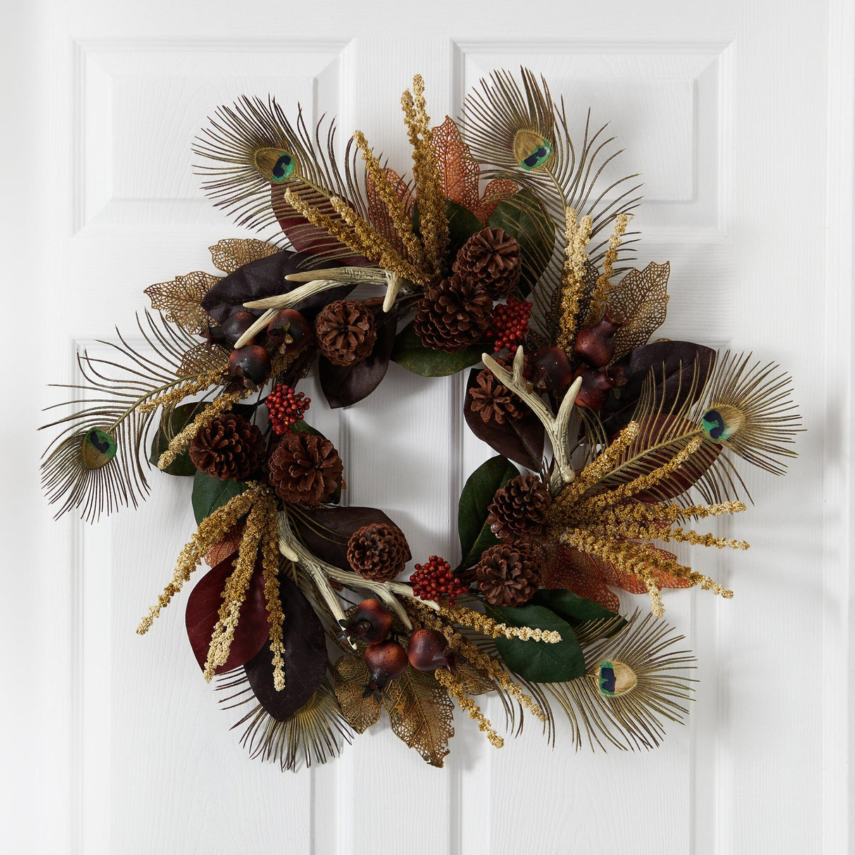 27” Magnolia Leaf, Berry, Antler and Peacock Artificial Wreath-Wreath-Parc Decor