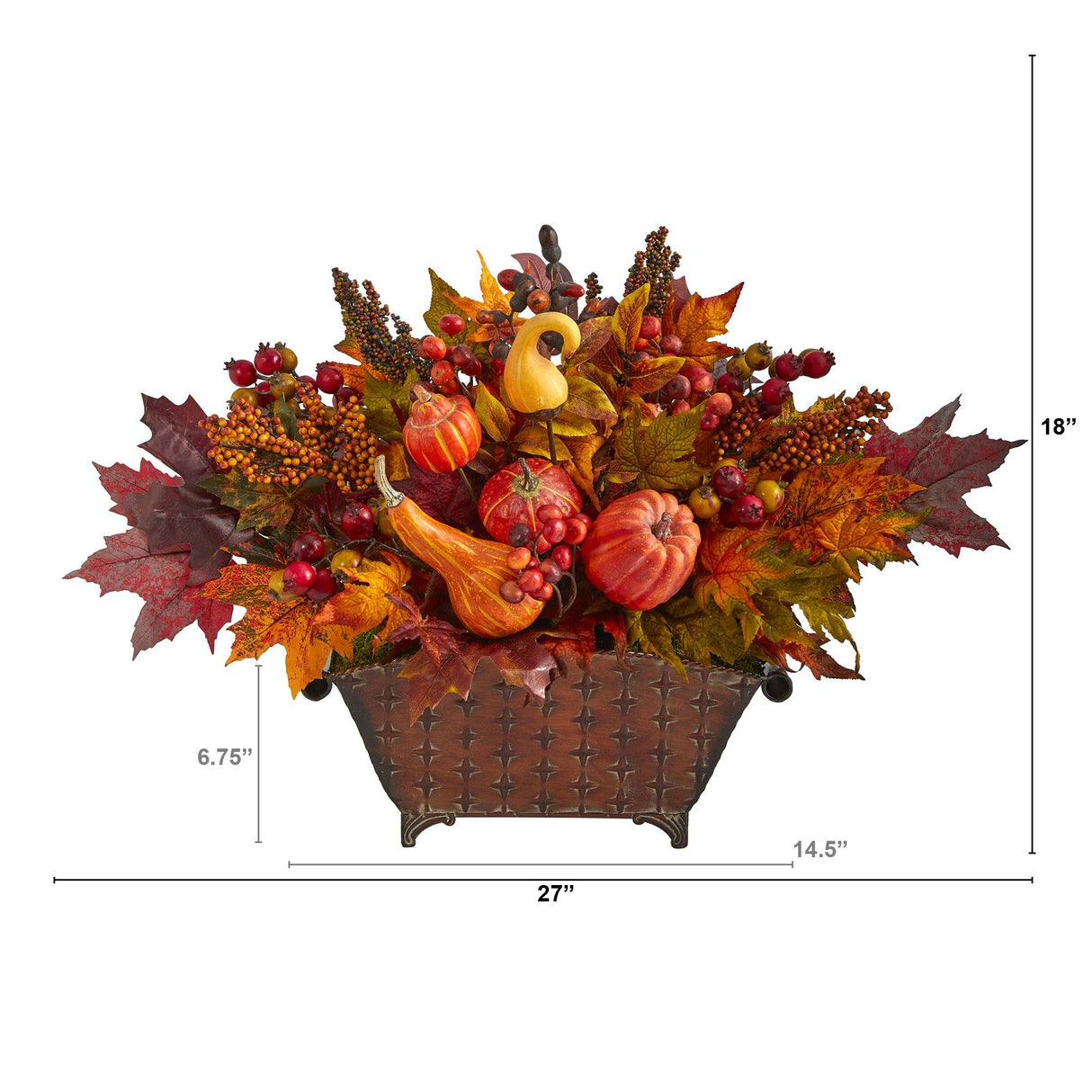 27” Pumpkin, Maple Leaf and Berries Artificial Arrangement in Metal Vase-Arrangement-Parc Decor