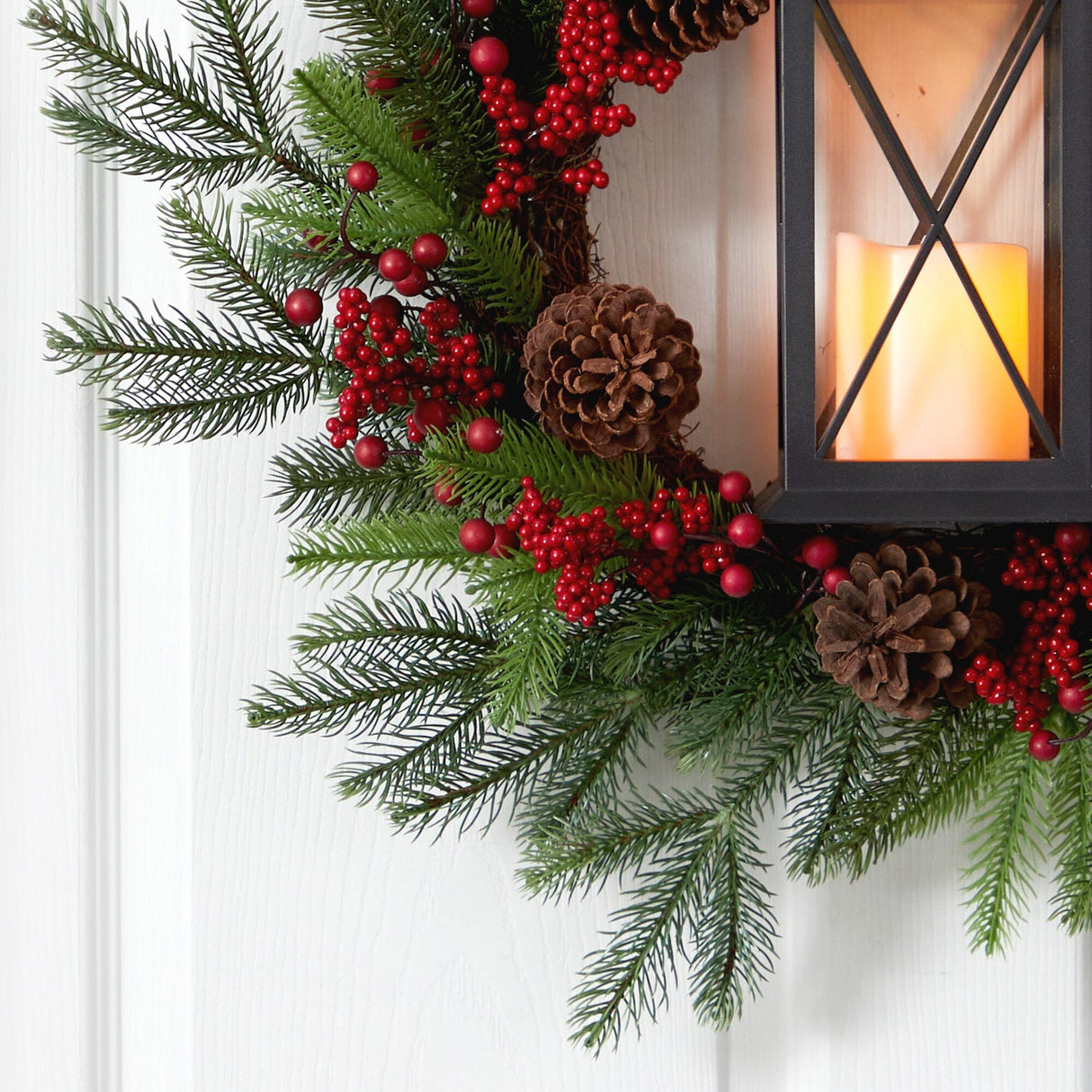 28” Berries and Pine Artificial Christmas Wreath with Lantern and Included LED Candle-Wreath-Parc Decor